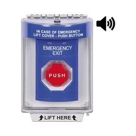 botón de emergencia con bocina de advertencia integrada texto en espanol tapa protectora de policarbonato súper resistente rest
