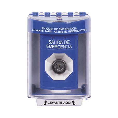 botón de salida de emergencia texto en espanol tapa protectora de policarbonato súper resistente llave para activar