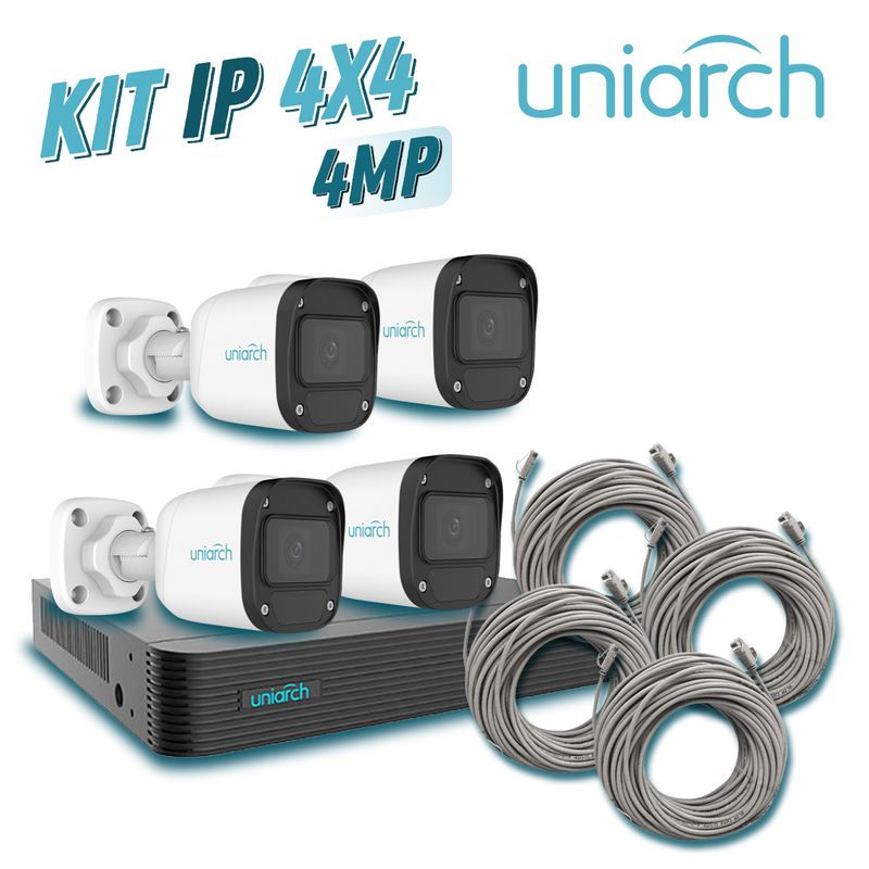 Kit 4x4 Uniarch Ip Exterior Bullet 4mp Incluye 1 Nvr Poe 4ptos  4 Cam Bullet Ip 4mp 2.8mm / Cables Preponchados De 18mts
