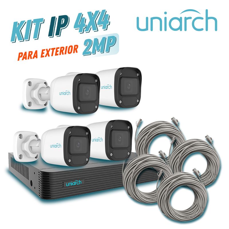 Kit 4x4 Uniarch Ip Exterior Bullet 2mp 1080p Incluye 1 Nvr Poe 4ptos  4 Cam Bullet Ip 2mp 2.8mm / Cables Preponchados De 18mts