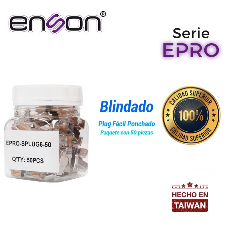 Plug Facil Ponchado Blindado Enson Eprosplug650 Bote De 50 Pzs Para Cable Utp Cat6 Con Sistema De Paso De Cables Passtru Que Fac