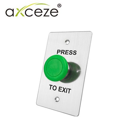botón liberador axceze axb130 tipo push con forma de hongo en color verde fabricado en acero medidas 115x70x45mm conexion a 2 h