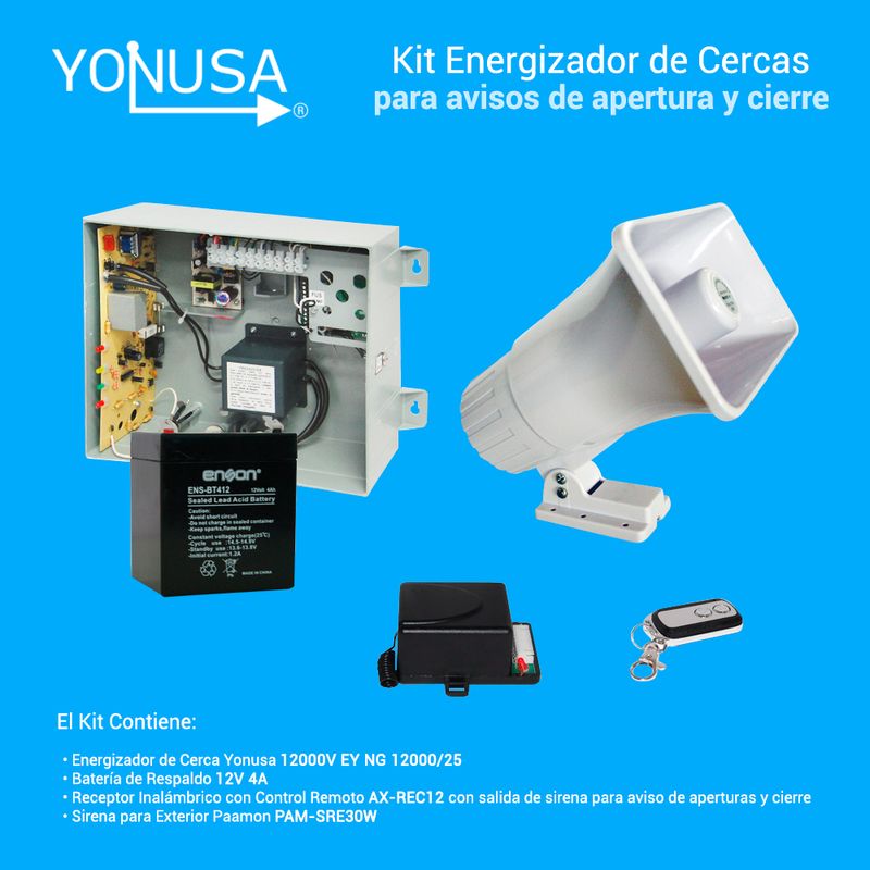 Kit Energizador Decercas Con Salida A Sirena Energizador Yonusa Ey Ng 12000 1  Bateria Ensbt412  Sirena Pamsre30w  Receptor Con 