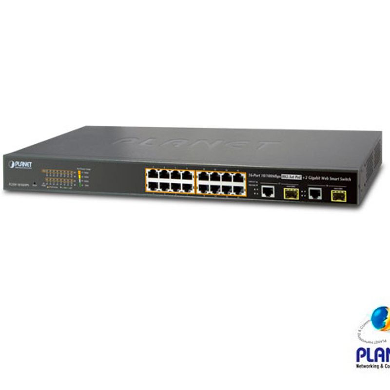 Switch Administrable Planet Fgsw1816hps / 16 Puertos Rj45 10/100 Automdi/mdix / Puertos Inyector Poe 802.3af/at Poe  / 2 Puertos