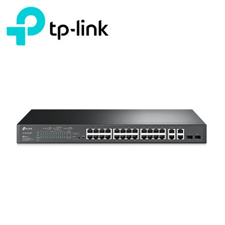 switch administrable tplink tlsl2428p  cuenta con 24 puertos rj45 poe afat 10100 mbps  2 puertos giga rj45  2 puertos giga comb