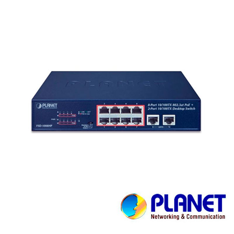 Switch Planet Fsd1008hp No Administrable /8 Puertos Rj45 Velocidad De Transmision 10/100 Mbps Alimentacion Poe Activo Af/at  2 P