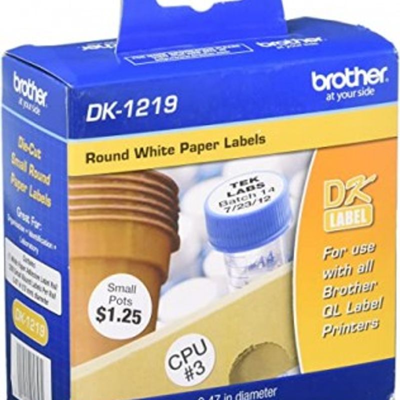 Etiqueta blanca de papel Brother DK1219 1200 etiquetas de 12 mm de diametro. Impresión en negro. QL800 / QL810W. SBNB600