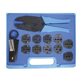 kit en estuche de plástico con 10 muelas para instalar conectores en cables coaxiales pinzas rfa400520 y desforradoras de cable