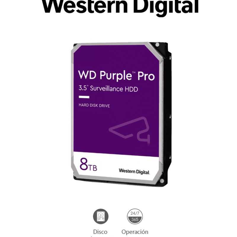 Western Wd8001purp  Disco Duro De 8tb Purple Pro/ Especial Para Videovigilancia Con Ia/ Tecnologia Ia Allframe/ Interface Sata 6