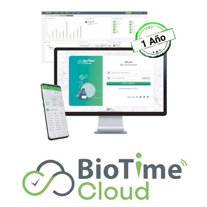 Zkteco Biotimecloudstandard  Licencia Para Asistencia En La Nube De 1 Ano / 1 Dispositivo / 50 Usuarios / 3 App / 100000 Eventos