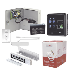 Sistema Completo de Acceso, Incluye Lector Biometrico SF300, Chapa magnética con bracket, Cierra puerta, Botón de Salida, Cable