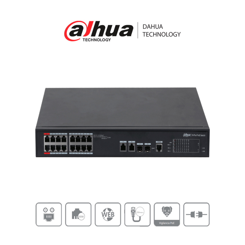 Dahua Dhpfs421816et240   Switch  Poe Administrable De 16 Puertos Ethernet/ 16 Puertos Poe/ 240 Watts Totales/ Interfaz Web/ Puer