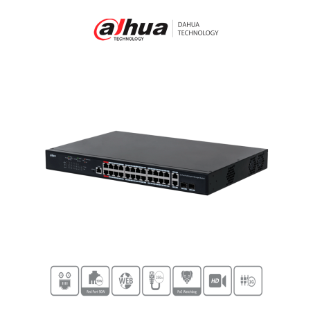 Dahua Pfs422624gt230  Switch Poe Gigabit Administrable De 24 Puertos Poe / Transmisión Poe De Larga Distancia De 250 M./puerto R