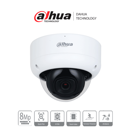 Dahua Dhipchdbw3841eass2  Camara Ip Domo Antivandalica 4k/ 8 Megapixeles/ Wizsense/  Lente De 2.8 Mm/ 107 Grados De Apertura/ Sm