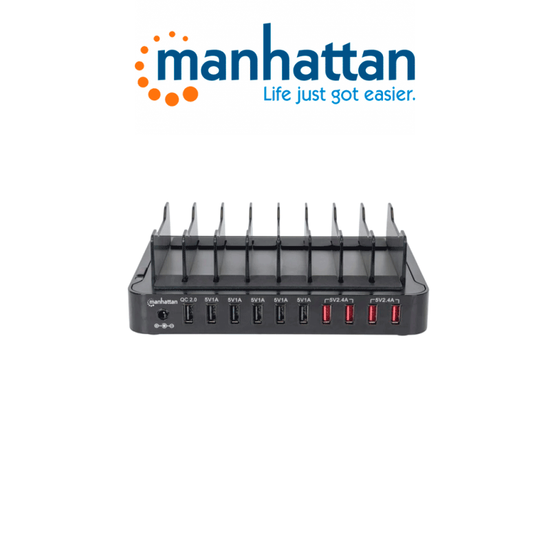 Manhattan 180009  Estación De Carga Con 10 Puertos Usb 76 W Base De Carga Usb De 12 A Usb Con Carga Rápida De 2.0 Soporte Con 8 