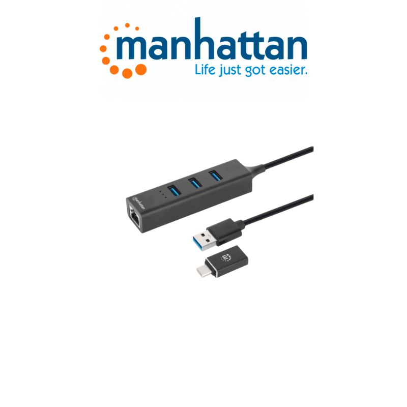 Manhattan 180894  Adaptador De Red Gb Usb A/c Con Hub V3.2 / Usba Macho Con Acoplador Usbc Macho A Conector Rj45 Hembra Y Tres C