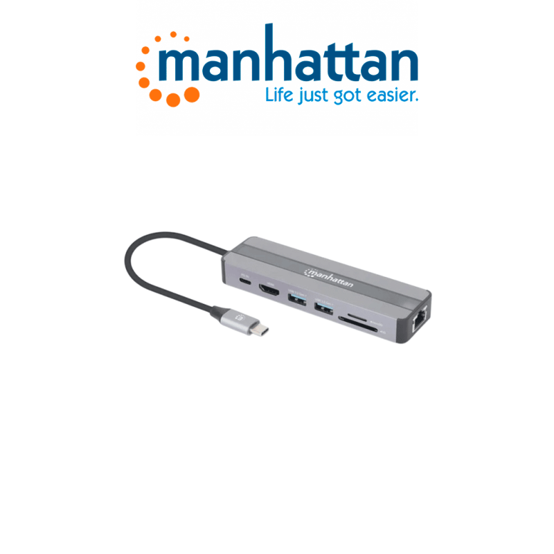 Manhattan 153928  Estación Docking Usbc 7 En 1 / Usb 3.2 Gen 1 Tipoc Macho A Hdmi (4k30hz) Dos Usba (5 Gbps) Gigabit Rj45 Y Usbc