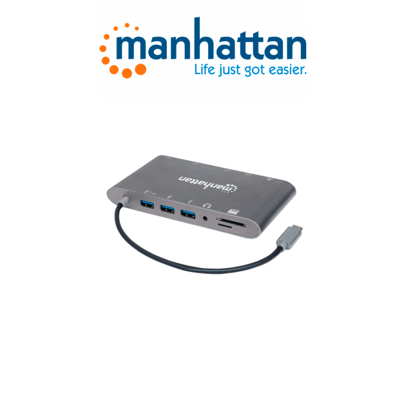 Manhattan 152808  Estación Docking Usbc Supervelocidad 7 En 1 Usb 3.2 Tipoc Macho A Hdmi Mini Dp O Vga Tres Puertos Usb 3.0 Tipo