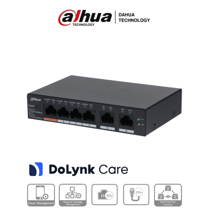 Dahua Dhcs40064gt60 Switch Poe De 6 Puertos Gigabit/ 4 Puertos Poe 10/100/1000/ 2 Puertos Uplink 10/100/1000/ 60 Watts Totales/ 