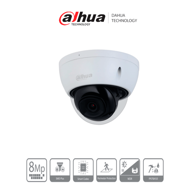 Dahua Ipchdbw2841es Cámara Ip Domo Antivandálica 4k/ 8 Megapixeles/ Lente De 2.8mm/ 106 Grados De Apertura/ H.265/ Wdr Real De 1