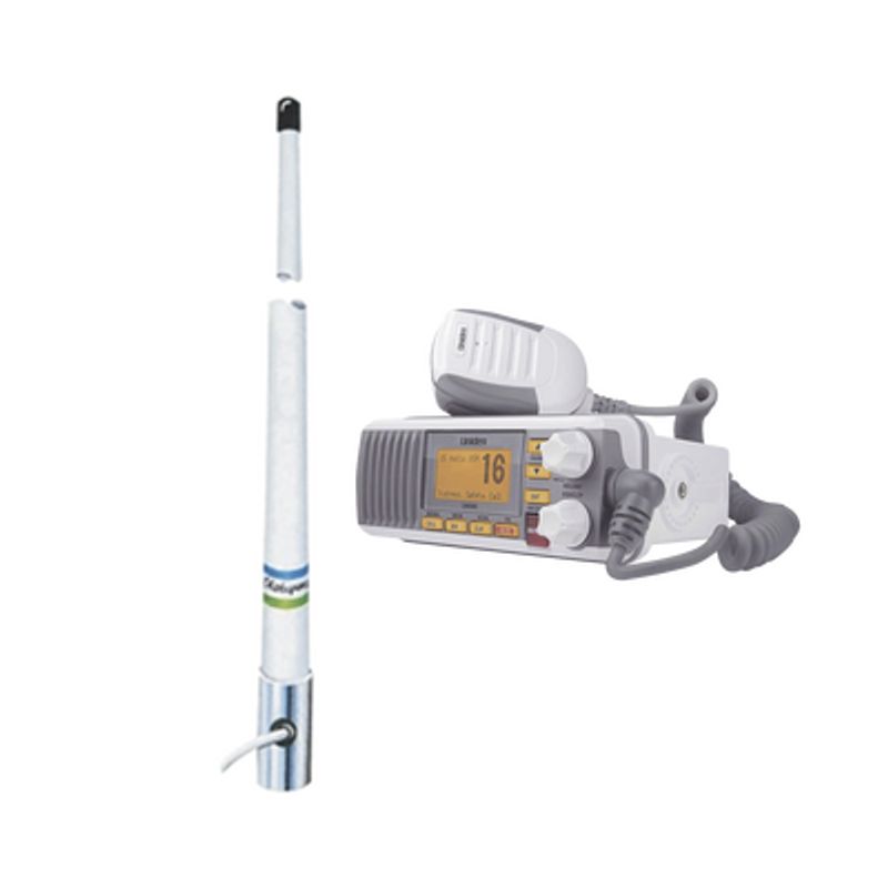 Kit De Radio Móvil Vhf Marino Modelo Um385 Color Blanco Y Antena Marina Shakespeare De Fibra De Vidrio 5101