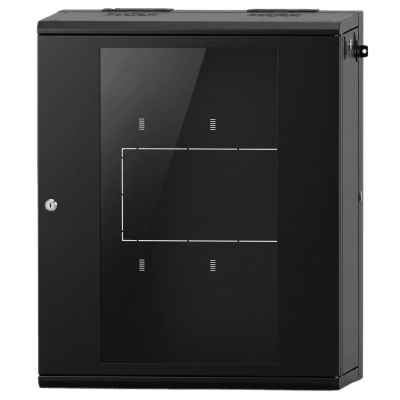 Gabinete Rack / 16 Unidades Rack (UR) / Puerta Cristal Templado / Montaje Pared / Acero Calibres 18-22 / Abatible 120° / Ventilación 120 mm