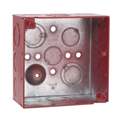 Caja Cuadrada Galvanizada de 4 /Profundidad de 2 1/8 / Cuenta con 11 KO de 1/2 y 6 TKO (1/2 - 3/4)/ Color Rojo.