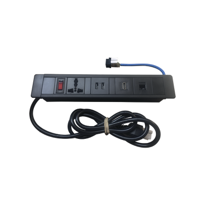 Hub para escritorio color negro, con 1 Puerto HDMI Hembra-Hembra, 1 Conector RJ45 Cat6, 2 Puertos USB 5V DC /2 A, y 1 Contacto eléctrico universal (11100-00001)