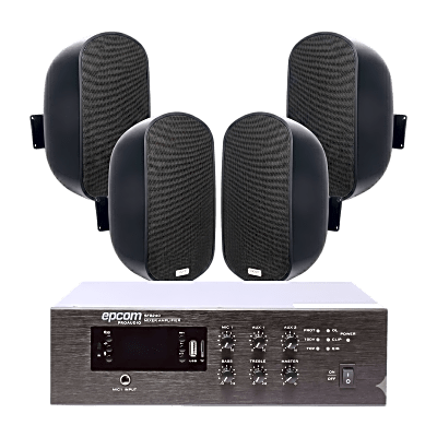 KIT de Amplificador de 240W para Escritorio | 4 Altavoces de Pared color Negro 3W - 50W | Sistema 70/100V