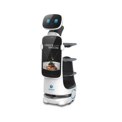 Robot de Servicio Dinerbot T10 / Entregas y Publicidad Multimodal / Autonomía 8 Horas / Carga 40 kg (88 lbs) / Pantalla Táctil 11.6 / Evasión Obstáculos 300° / Velocidad 1 m/s (3.28 ft/s)