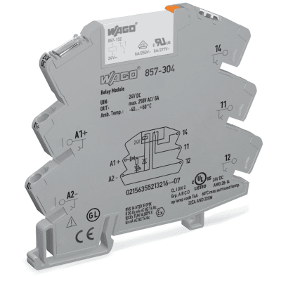 Módulo con Relé / 24 VCC / 1 Inversor / 6 A Corriente Permanente / Push-in CAGE CLAMP® / IP20 / Aislamiento Reforzado / LED Indicador Amarillo