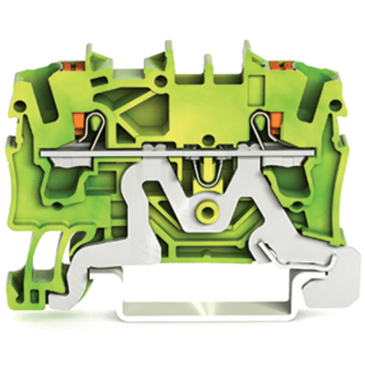 Borna de Tierra TOPJOB® S / 2 Conductores / Sección 2.5 mm² / Tecnología Push-in CAGE CLAMP® / Operación con Tecla / Montaje Carril DIN 35x15 y 35x7.5 / Color Verde-Amarillo / Aplicaciones Ex y Ferroviarias / Certificacio