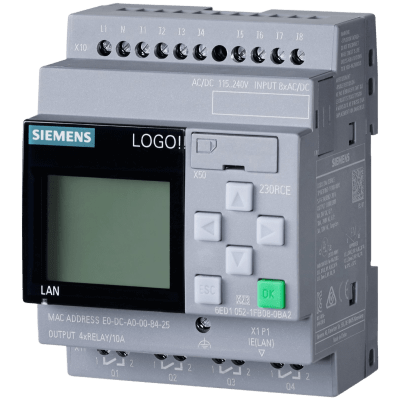 Módulo Lógico LOGO! 230RCE / Display Integrado / Alimentación 115-230V AC/DC / 8 Entradas Digitales / 4 Salidas Relay / Memoria 400 Bloques / Ethernet Integrado / Servidor Web / Data Log / Compatibilidad Cloud / MQTT