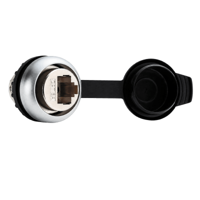 Conector Panel RJ45 / Instalación Frontal 22.5 mm / Cat 6A 10 Gbit/s / IP65 con Tapa / 8 Polos / Contactos Dorados / cULus