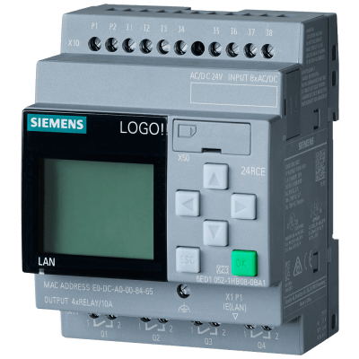Módulo Lógico LOGO! 24RCE / Display FA/E/S / 24 V AC/DC / 8 DI / 4 DO Relé / Ethernet / Servidor Web / 400 Bloques Memoria / Ampliación Modular / Cloud MQTT