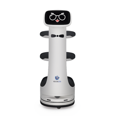 Robot de Entrega Dinerbot T8 / Compacto 38.4x46.8x111.1 cm (15.1x18.4x43.7 in) / Velocidad 1.0 m/s / Pantalla Táctil 10.1 / 3 Capas / Capacidad 20 kg (44 lbs) / Batería 15-18 Horas