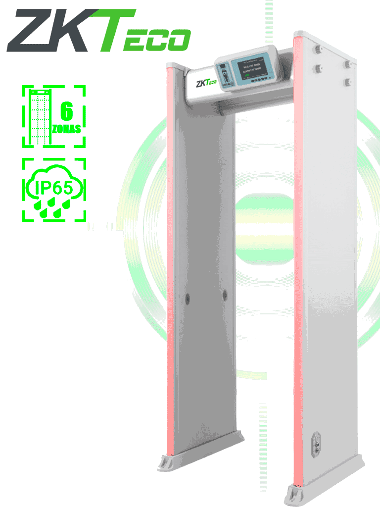 ZKTECO D4330IP65 Arco Detector de Metales con protección IP65 para semi exteriores, con 33 zonas de detección, 300 niveles de sensibilidad, pantalla HD 7", indicadores LED en ambas vistas, control remoto y batería de respaldo incluida.