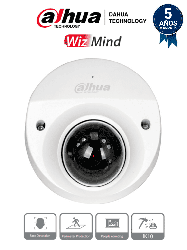 DAHUA IPC-HDBW5241FN-M-DAE-SA-0210B - Cámara IP Domo para NVR Movil de 2 Megapixeles/ Lente de 2.1mm con 110° de Apertura/ Especial para Conteo de Personas en Vehículos/ 30 metros de IR/ WDR Real de 120 dB/ Antivandálica IK10/ IP67