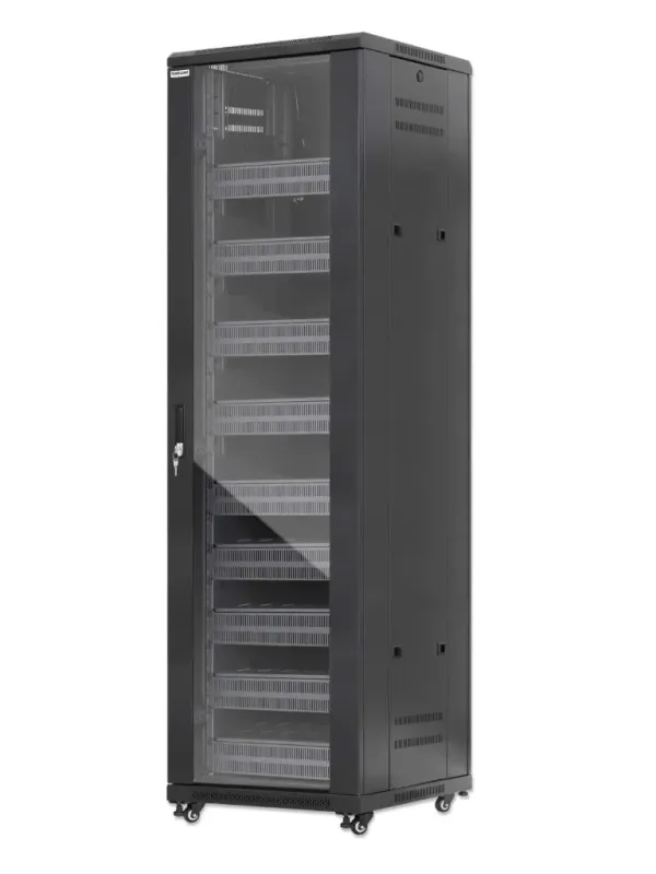 INTELLINET - 716253 - Gabinete 19" Pro Line con extractores de aire, 42U / Frente de 600 mm, unidad de ventilación con dos extractores de aire instalados en el techo, profundidad de 600 mm, Ensamblado, negro RAL 9004