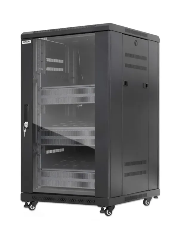 INTELLINET - 716222 - Gabinete 19" Pro Line con extractores de aire, 18U / Frente de 600 mm, unidad de ventilación con dos extractores de aire instalados en el techo, profundidad de 600 mm, Ensamblado, negro RAL 9004