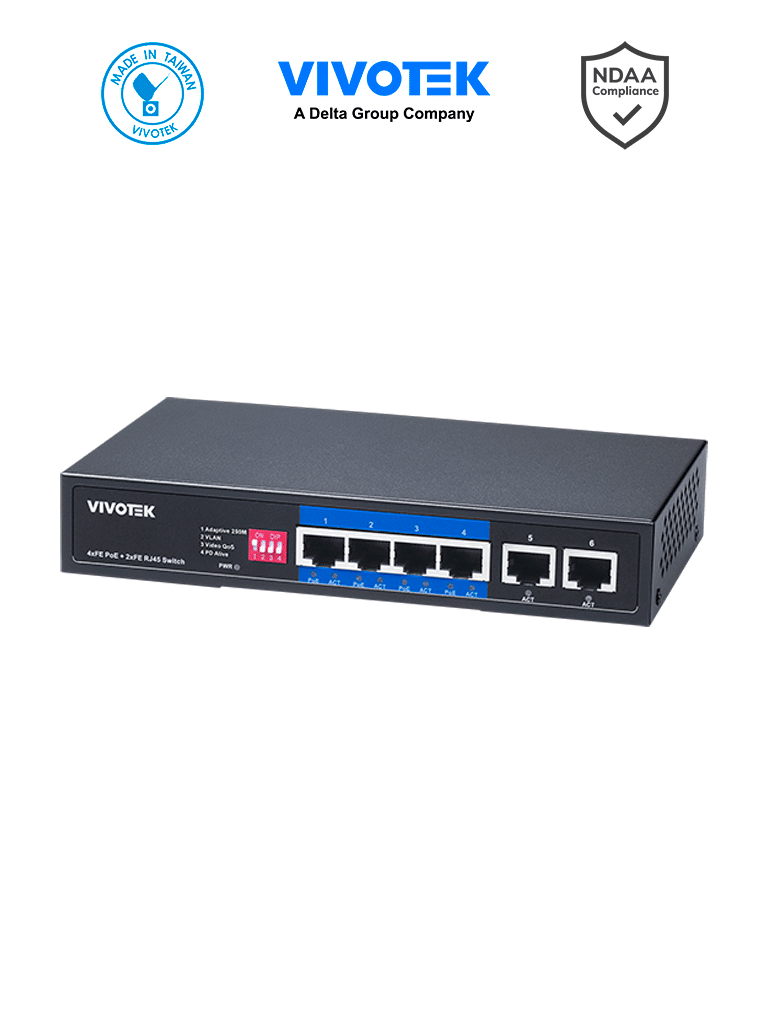 VIVOTEK AW-FET-060P-060 - Switch PoE no administrable, 4 puertos FE PoE, 2 puertos FE RJ45, 30W por puerto, 60W Totales, Modo Extendido hasta 250 mts