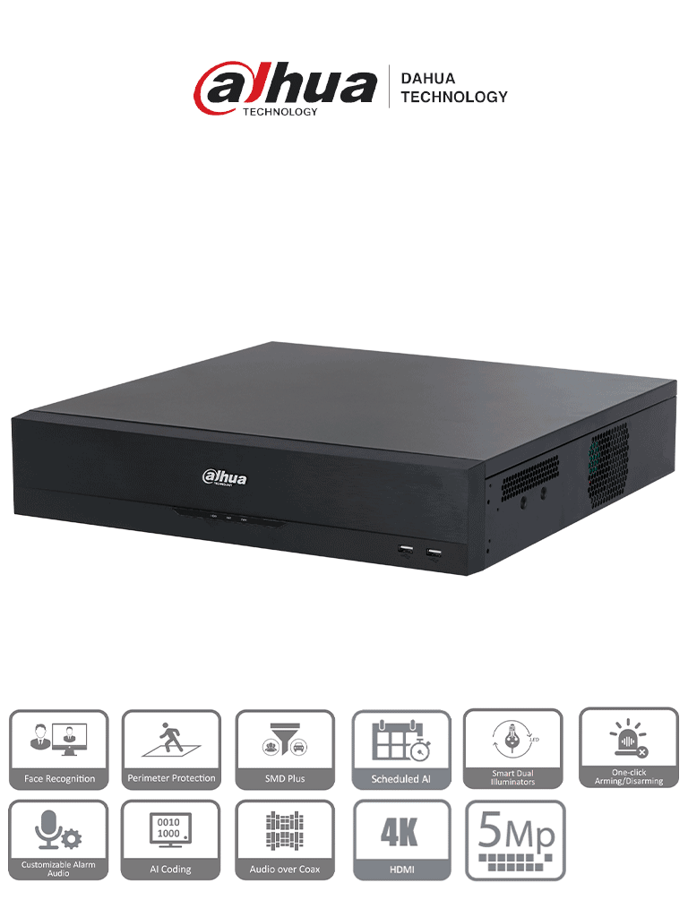 DAHUA DH-XVR5832S-I3 - DVR 32 canales de 5MP y 1080p con WizSense, H.265+, codificación IA. Incluye 2 canales de reconocimiento facial y soporte para hasta 32 canales IP (32 totales). SMD Plus y protección perimetral.