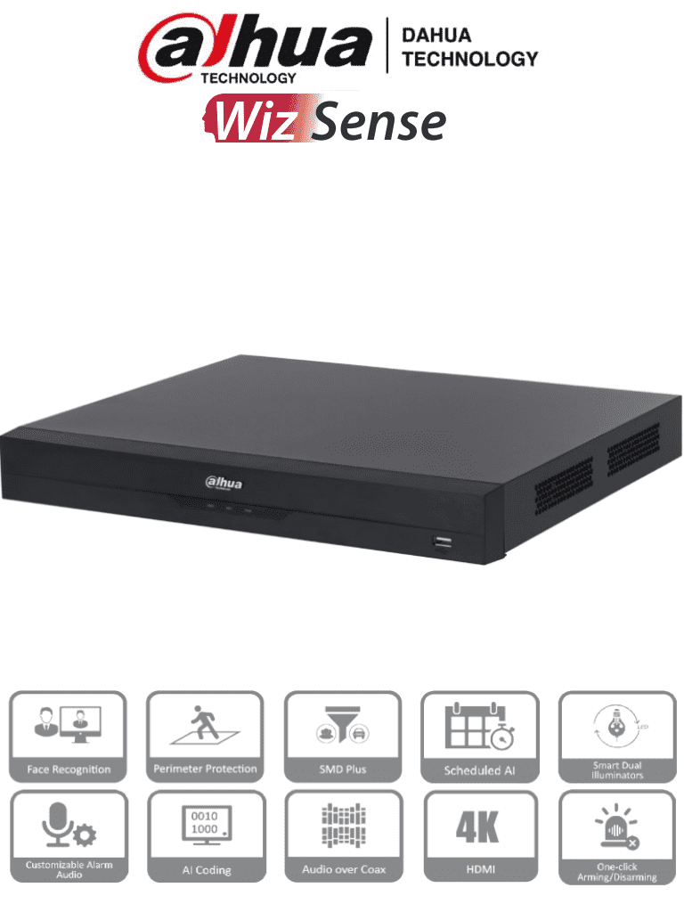 DAHUA XVR5232AN-4KL-I3 - DVR de 32 Canales 4k/ 8 Megapixeles/ WizSense/ Con IA/ 6 Canales de Reconocimiento Facial/ H.265+/ Hasta 32 Canales IP/ Codificación IA/ SMD Plus/ 2 Bahías de Discos Duros/ Funciones IoT&POS