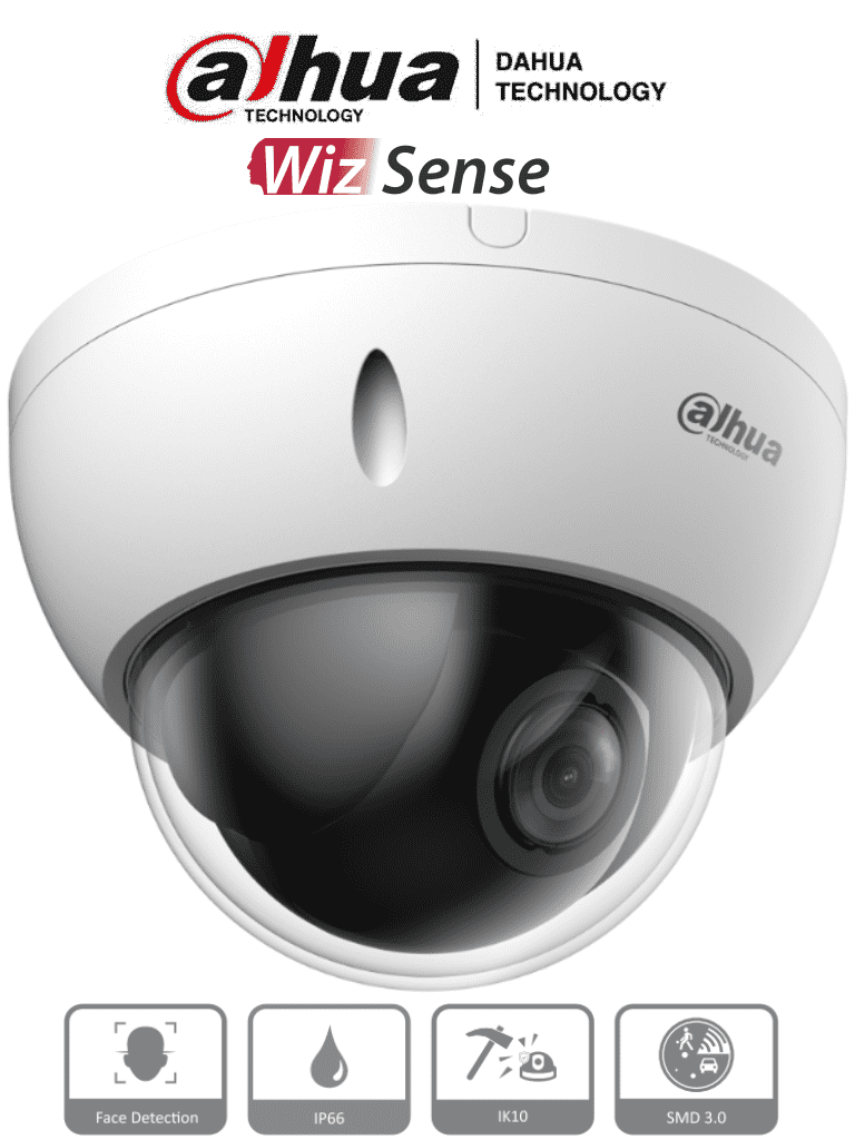 DAHUA SD22204DB-GNY - Cámara IP PTZ de 2 MP / WizSense/ 4x de Zoom óptico/ Starlight / Detección facial/ SMD 3.0/ Antivandálica IK10/ Exterior IP66/  Protección perimetral / Ranura para MicroSD/ PoE/