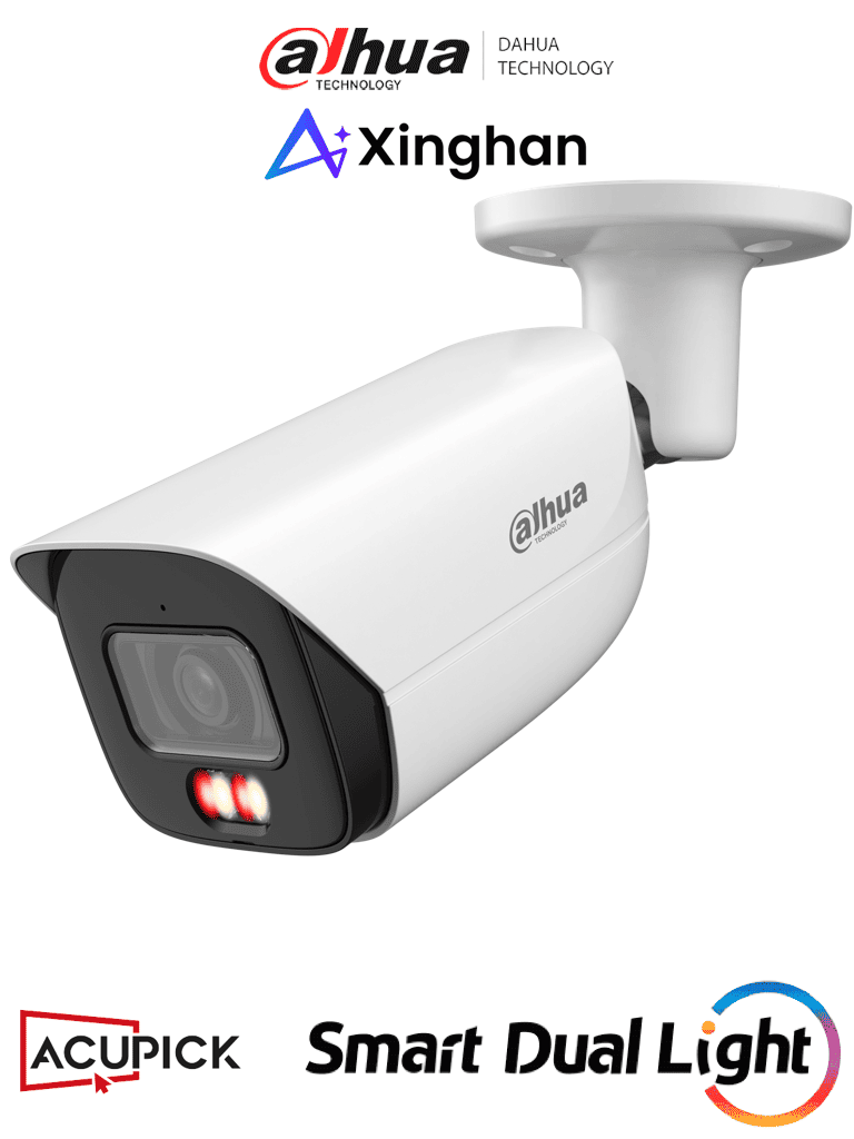DAHUA IPC-HFW3849E-AS-IL -Cámara IP Bullet de 8 Megapíxeles con Iluminadores Dual/WizSense/Lente de 2.8 mm/107 Grados de Apertura/ H.265+/ Microfono Integrado/ 1 E&S de Alarma y Audio/ SMD 4.0/ WDR Real/ Quick Pick AI SSA/PoE/ IP67