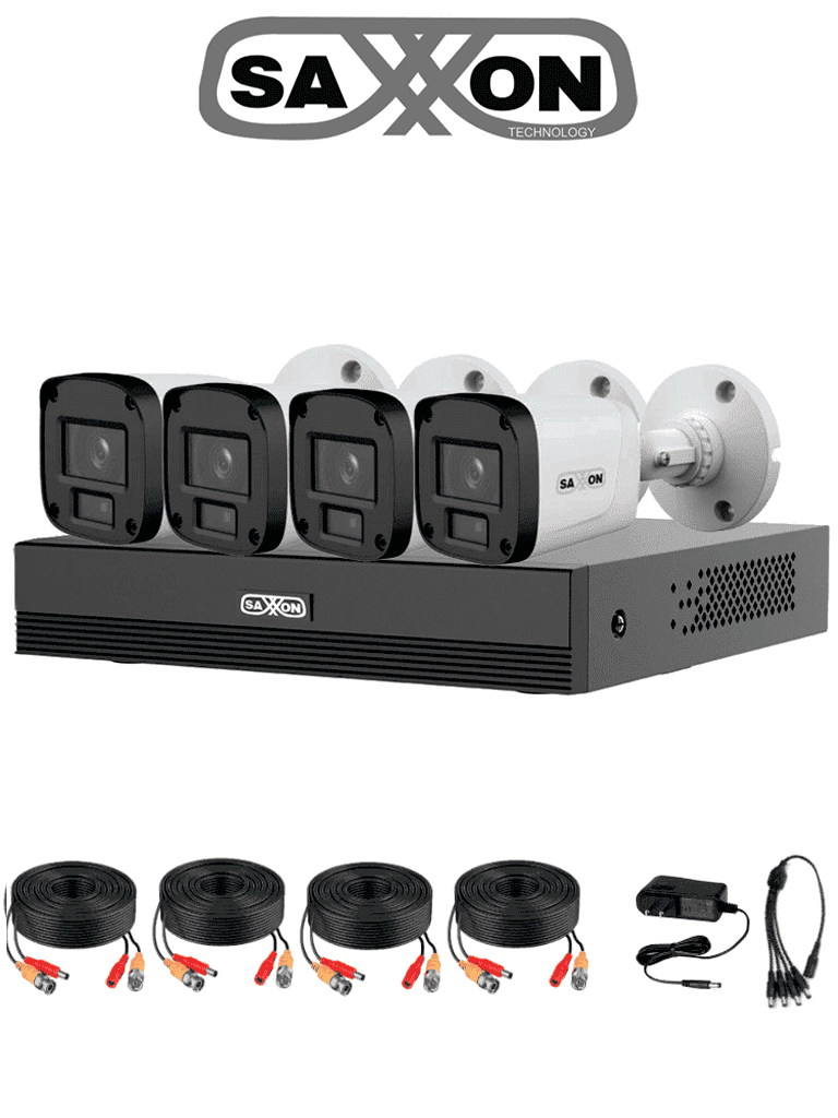 SAXXON SUA-KIT/XVR1E04-I/4-B20P-0280B - Kit 4 Canales HDCVI 1080P/ 4 Cámaras B20P 2.8mm Apertura Hasta 100°/ Grabador Soporta Hasta 5 Canales IP y Detección de Movimiento Inteligente/  Policarbonato/