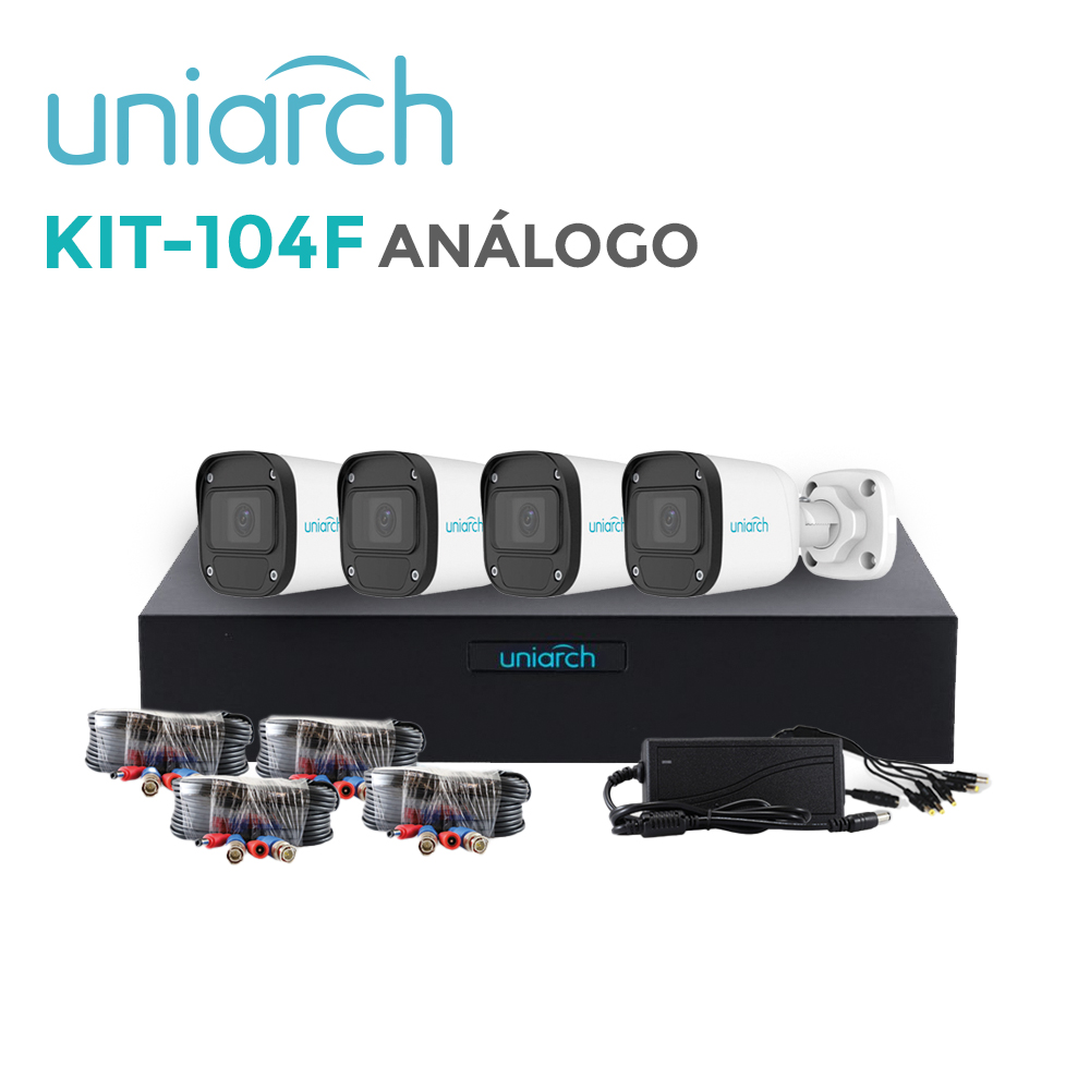 KIT 4X4 HD 2MP UNIARCH KIT-104F / 4CAMARAS-BULLET-UAC-B112-F28 /  2MP /  XVR-104F-4CH-ANALOGICOS-2CH-IP/  4CABLES-PREPONCHADOS-18 MTS /  1DISTRIBUIDOR-ENERGIA-4SALIDAS / FUENTE-12VDC