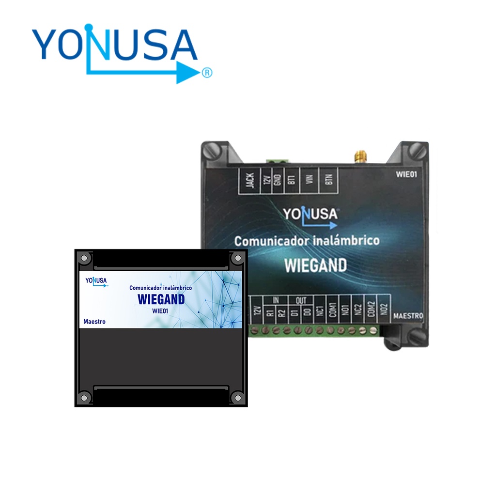 KIT COMUNICADOR INALAMBRICO WIEGAND WIE01 YONUSA CON EMISOR Y RECEPTOR. CON PROTOCOLO DE COMUNICACION PARA UTILIZARSE EN SISTEMAS DE CONTROL DE ACCESO (CONTROL POR TARJETA, ACCESO BIOMETRICO Y ACCESO POR TECLADO). COMPATIBLE CON SISTEMAS 8,26 Y 34 BITS DE INFORMACION. FACIL INSTALACION Y HASTA 3KM DE DISTANCIA