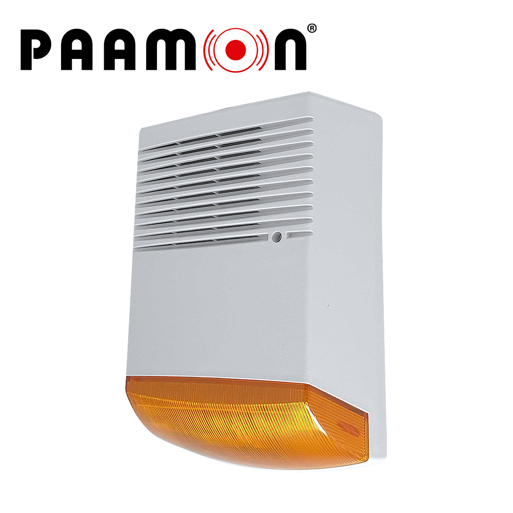 SIRENA CON ESTROBO PARA EXTERIOR PM-SRE60ABATT, CON DOBLE CARCASA UNA EXTERNA PLASTICA Y UNA INTERNA METALICA PARA DOBLE PROTECCION, VOLTAJE DE OPERACION 9-28V DC, SIRENA CON 1 TONO DE 125dB, ESTROBO COLOR AMBAR, TASA DE PARPADEO DE 135 VECES POR MINUTO. INCLUYE  BATERIA DE 1.3 Ah
