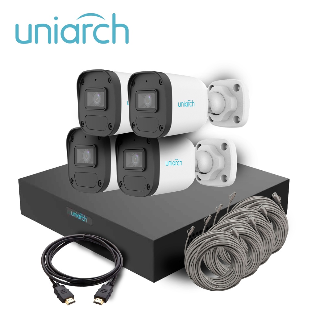KIT MINI FIXED BULLET UNIARCH IPKIT-108S-4BC / 4CAMARAS-MINI- BULLET-2MP / IPC-B132-AF28-E / ULTRA265 / FULL-HD / LENTE 2.8 MM / DWDR / 30MIR MICROFONO INTEGRADO / HUMAN BODY DETECTION 2.0 / DETECCION DE AUDIO / POEAF / IP67 / 1-NVR-108S3-P8-E / HASTA-6MP / SOPORTA-HASTA-6TB / 2USB / HDMI/VGA-SIMULTANEOS / 4-PUERTOS-POE / 4-CABLES-UTP-18M / 1-CABLE-HDMI-2M / ONVIF / NDAA